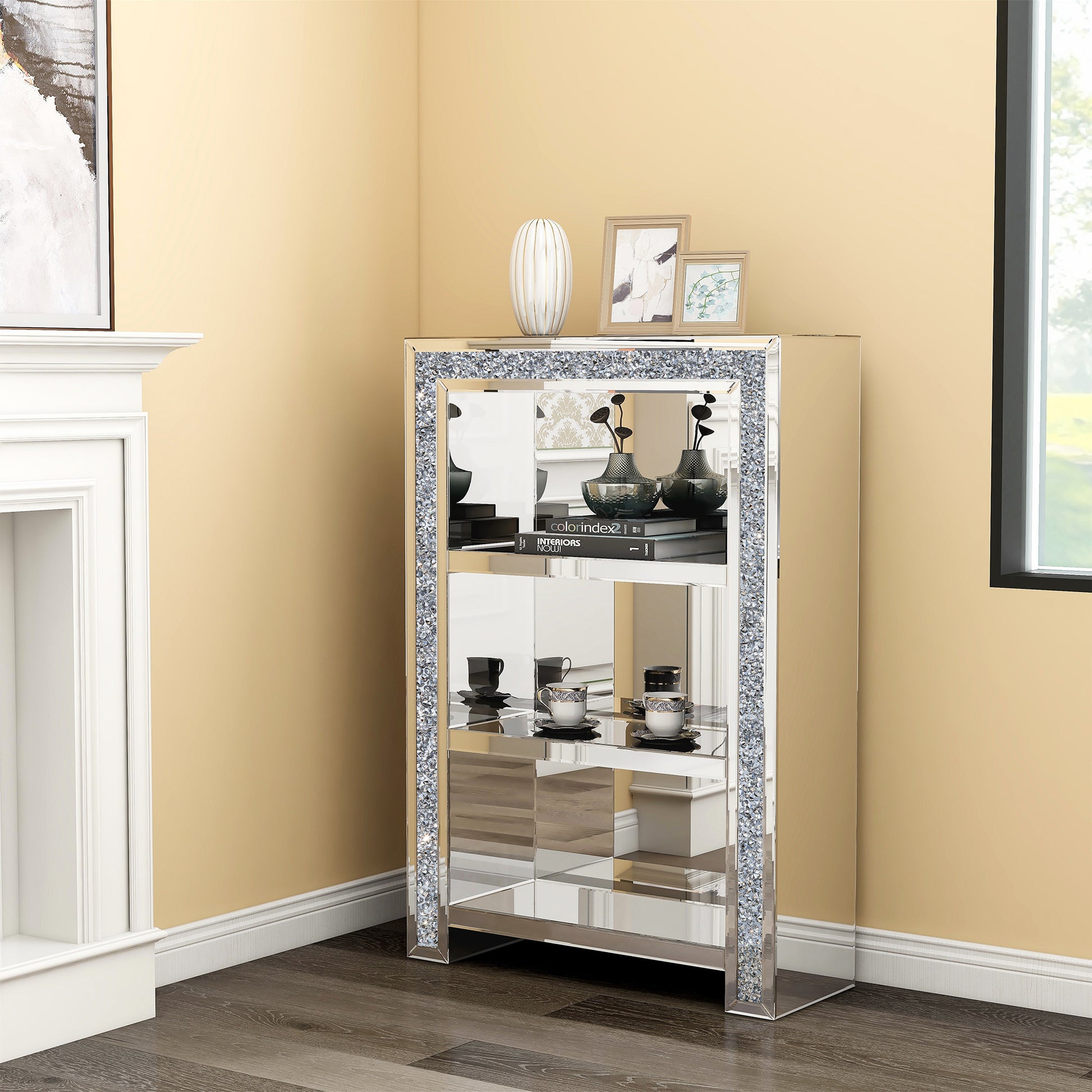 47" Silver And Clear Mirrored Glass And Faux Crystal Bling Accent Cabinet-6