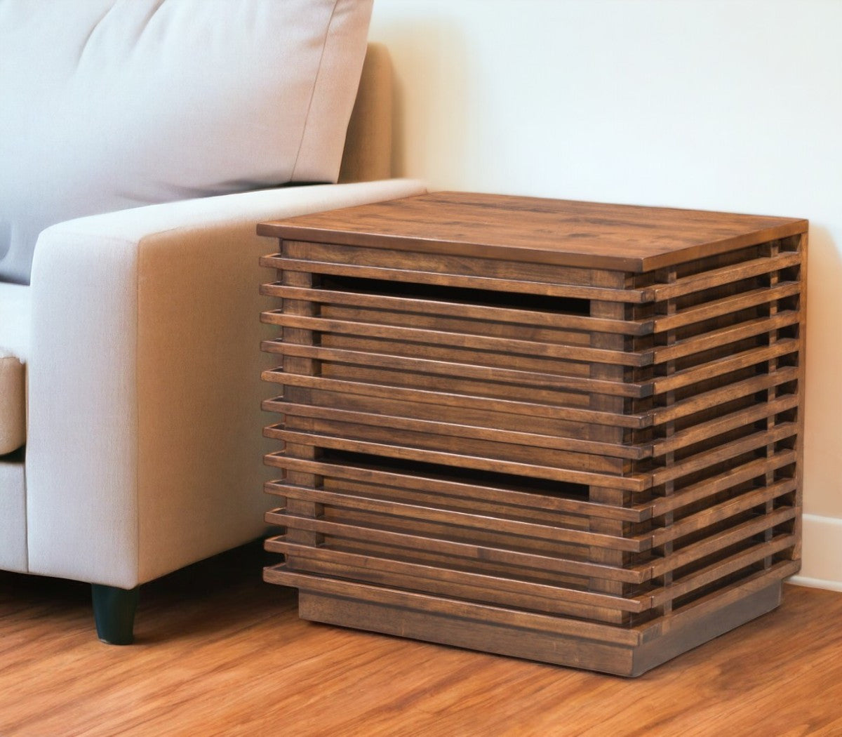 22" Brown Wood Block End Table With Two Drawers-1