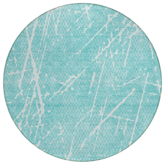 8' Teal Blue And Ivory Round Abstract Washable Indoor Outdoor Area Rug-1
