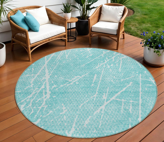 8' Teal Blue And Ivory Round Abstract Washable Indoor Outdoor Area Rug-0