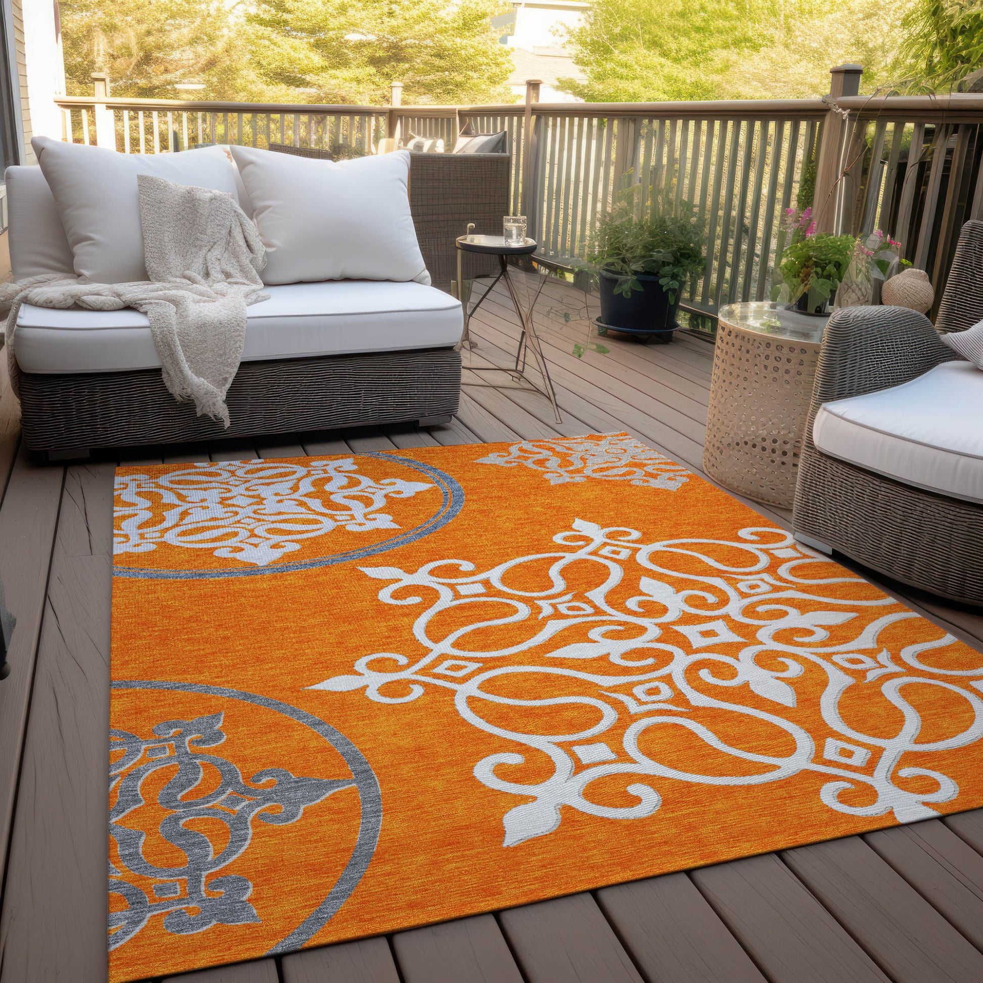 5' X 8' Orange Gray And Ivory Floral Medallion Washable Indoor Outdoor Area Rug-8