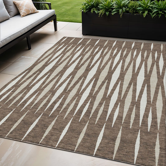 5' X 8' Brown And Ivory Geometric Washable Indoor Outdoor Area Rug-0