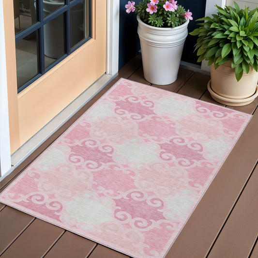 3' X 5' Pink And Gray Trellis Washable Indoor Outdoor Area Rug-0