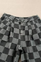 Dusk Blue Checkered Light Washed Wide Leg Jeans