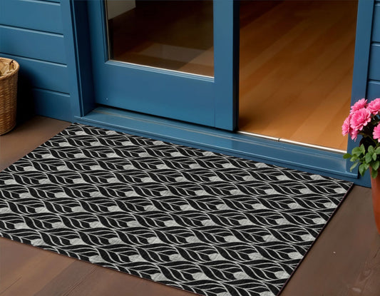 3' X 5' Black And Ivory Geometric Washable Indoor Outdoor Area Rug-0