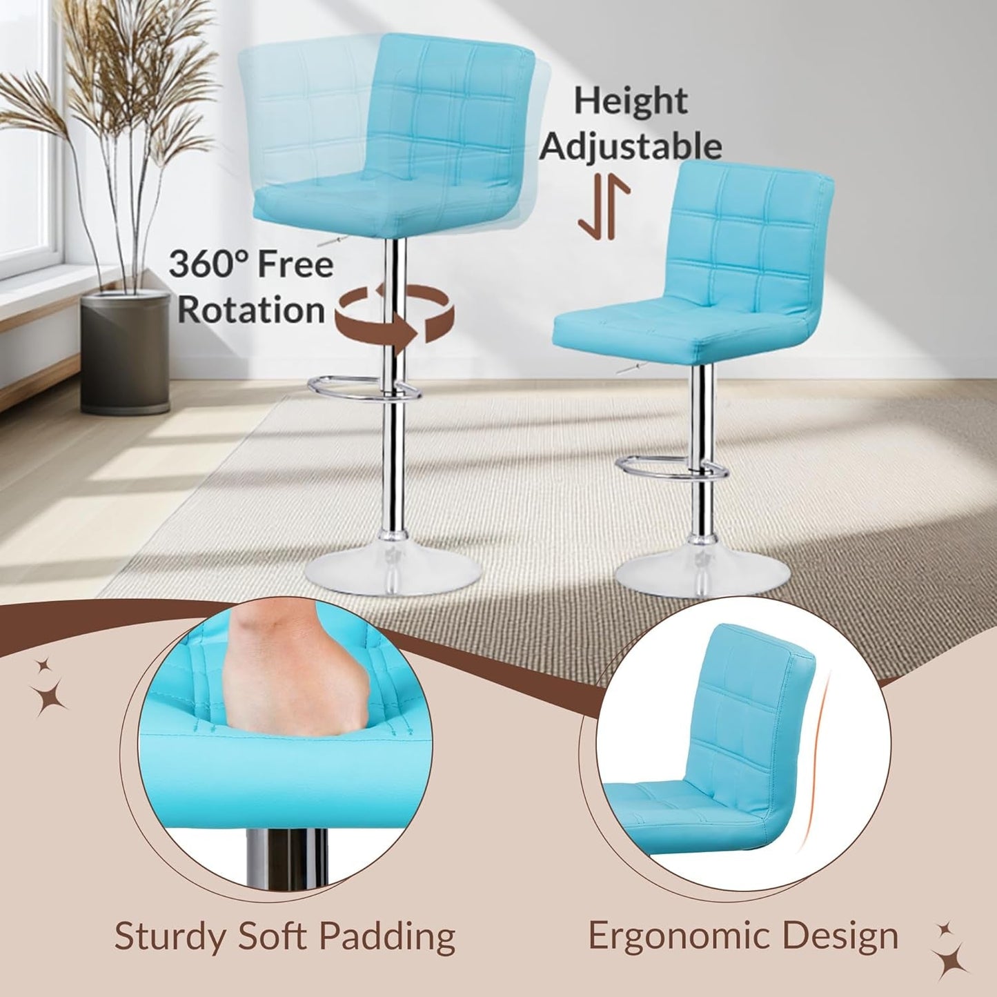 Set of 4 Adjustable Swivel Barstools, Modern PU Leather Kitchen Counter Bar Stools, Square Back Bar Stool (Blue)-4