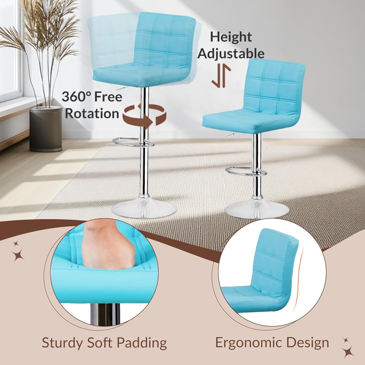 Set of 4 Adjustable Swivel Barstools, Modern PU Leather Kitchen Counter Bar Stools, Square Back Bar Stool (Blue)-4