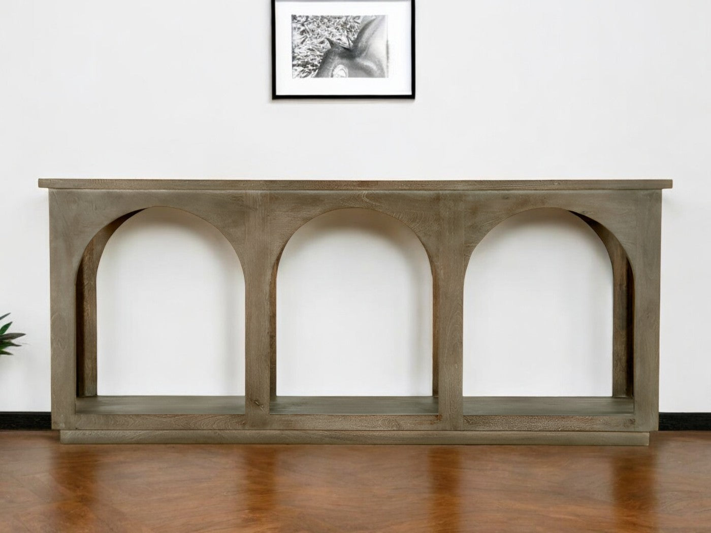 77" Brown Solid Wood Distressed Console Table With Arch Detailing-0
