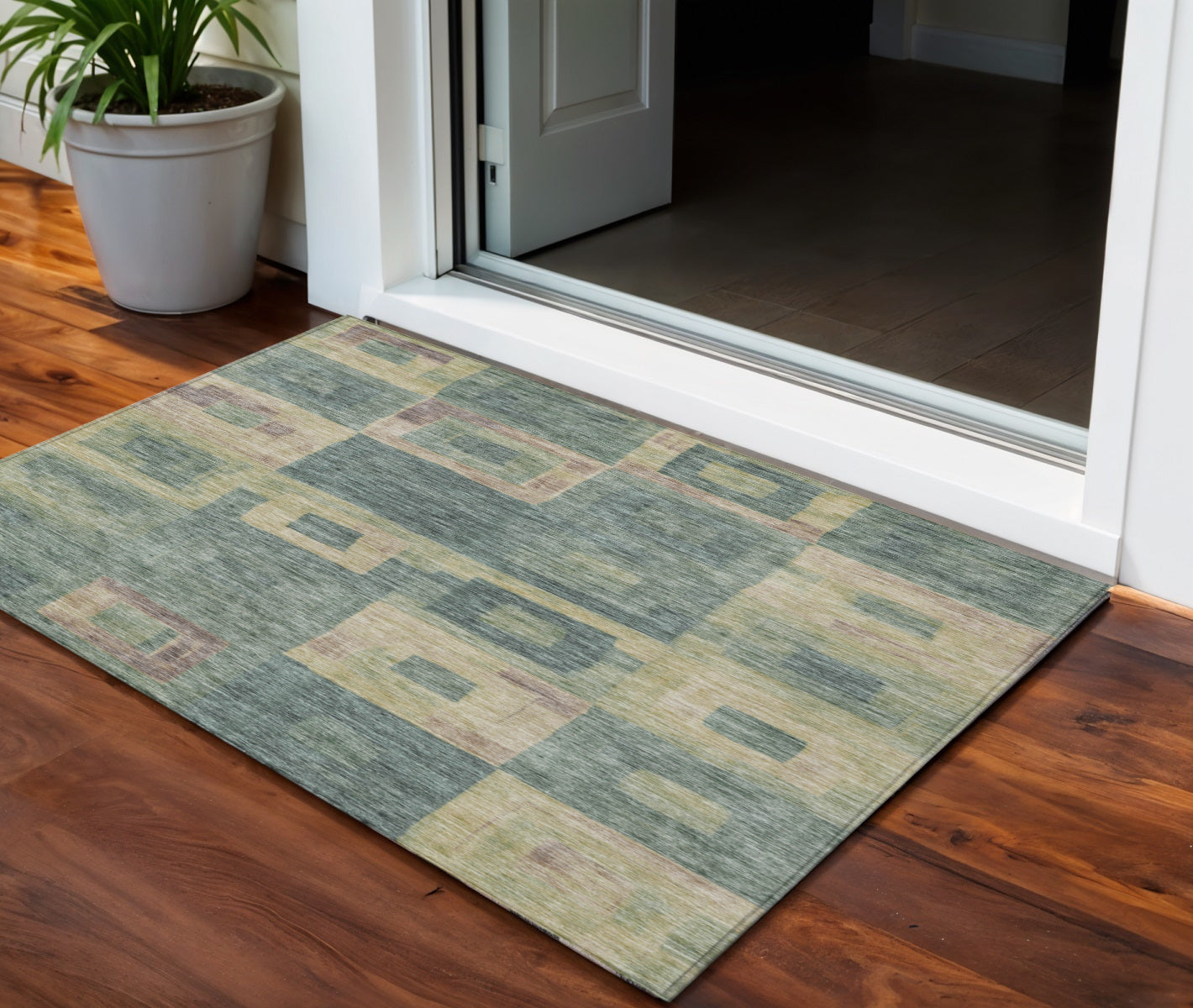 3' X 5' Sage And Gray Geometric Washable Indoor Outdoor Area Rug-0