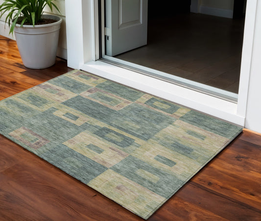 3' X 5' Sage And Gray Geometric Washable Indoor Outdoor Area Rug-0
