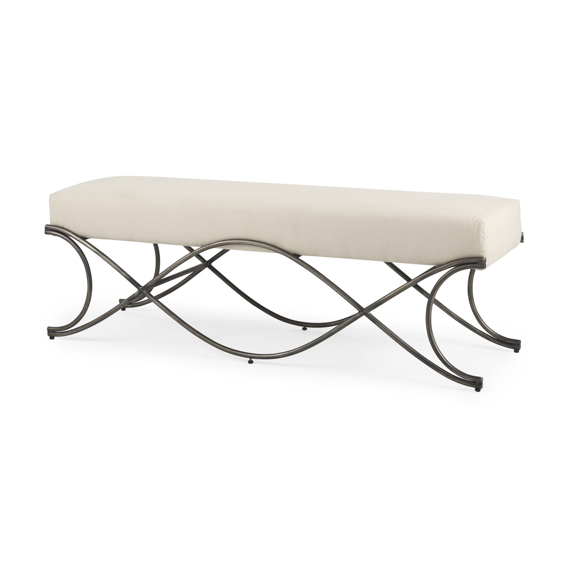 55" Cream and Nickel Fabric and Metal Upholstered Bench-1