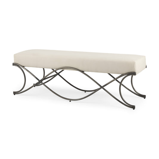 55" Cream and Nickel Fabric and Metal Upholstered Bench-1