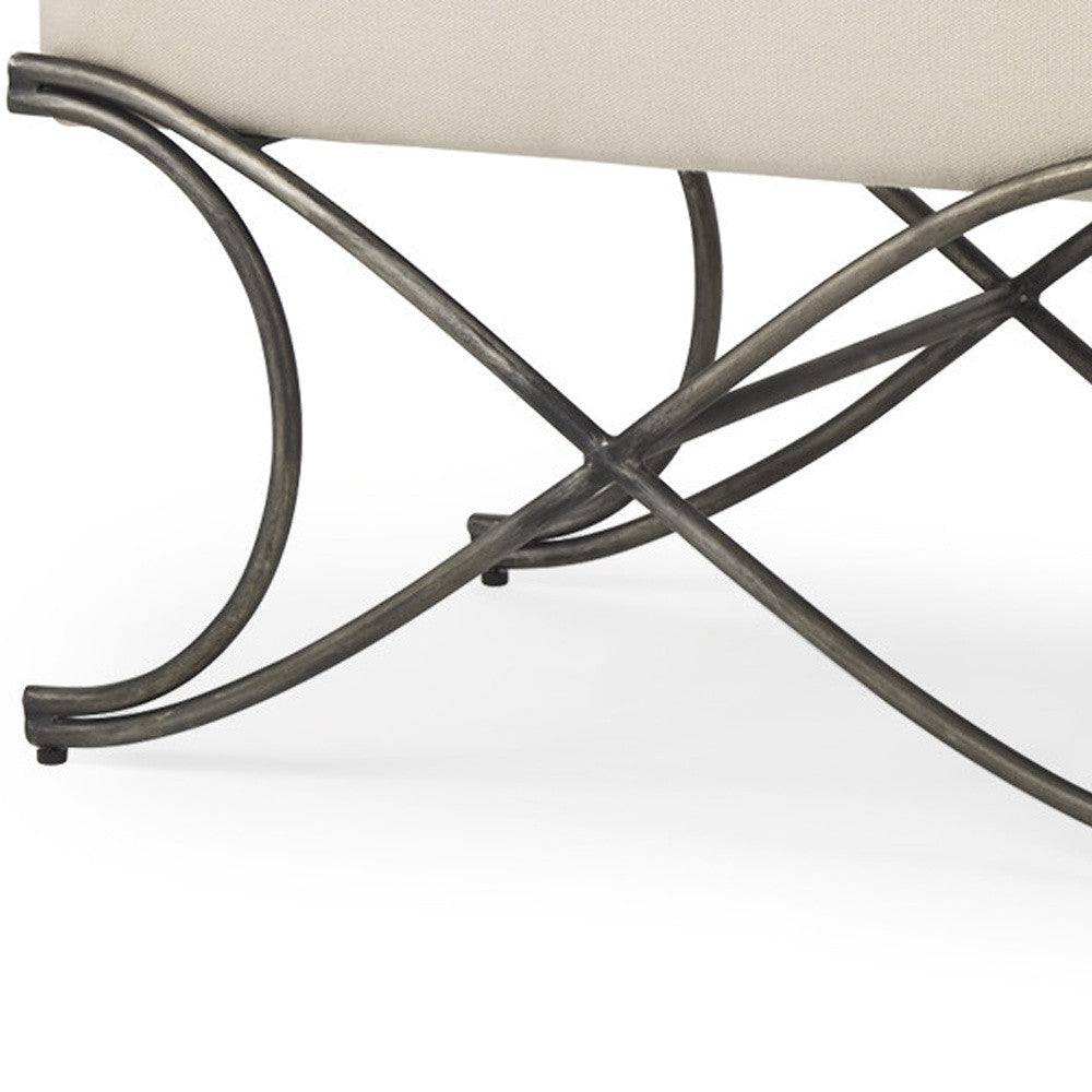 55" Cream and Nickel Fabric and Metal Upholstered Bench-2