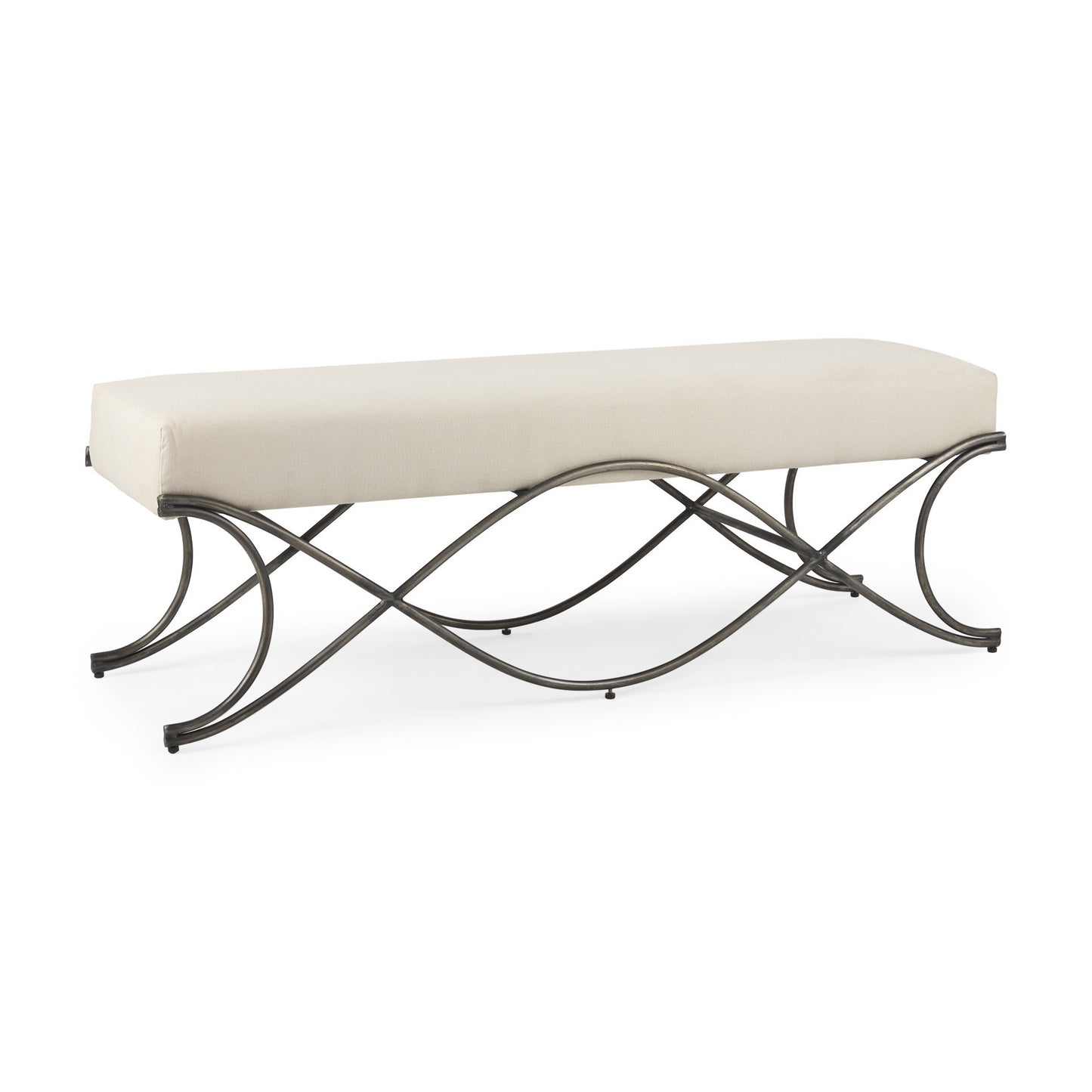 55" Cream and Nickel Fabric and Metal Upholstered Bench-3