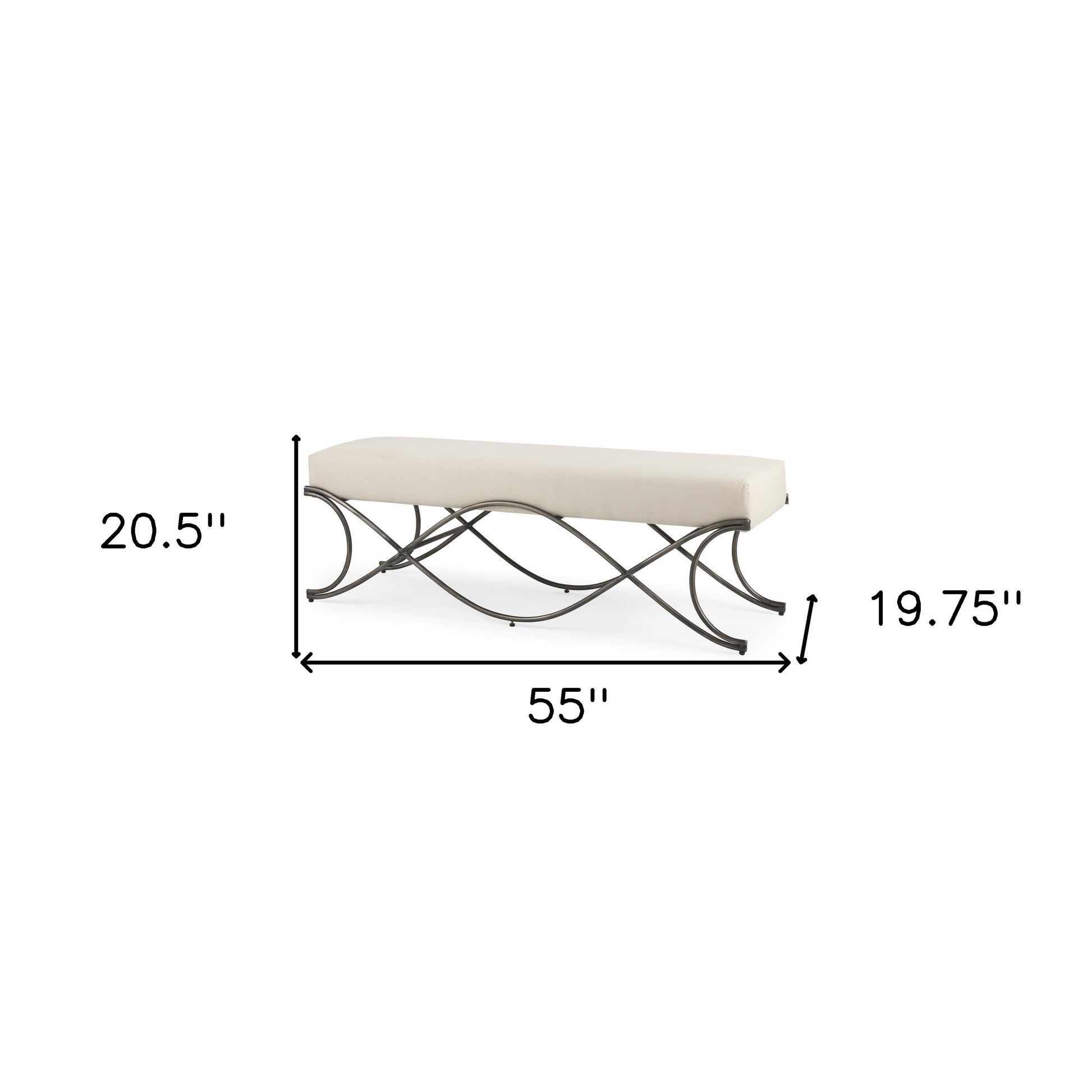 55" Cream and Nickel Fabric and Metal Upholstered Bench-4