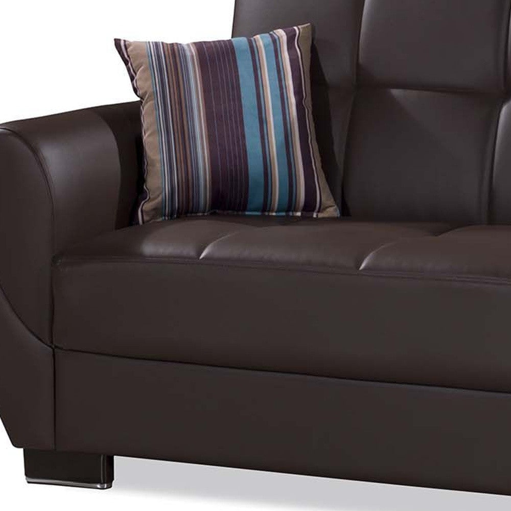 93" Brown Faux Leather Convertible Futon Sleeper Sofa And Toss Pillows With Storage-7
