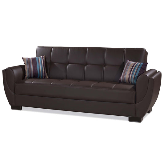 93" Brown Faux Leather Convertible Futon Sleeper Sofa And Toss Pillows With Storage-1