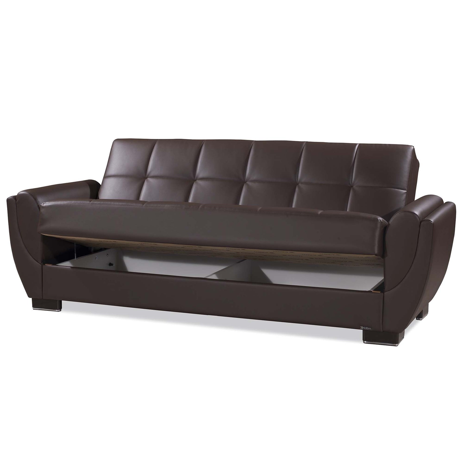 93" Brown Faux Leather Convertible Futon Sleeper Sofa And Toss Pillows With Storage-2