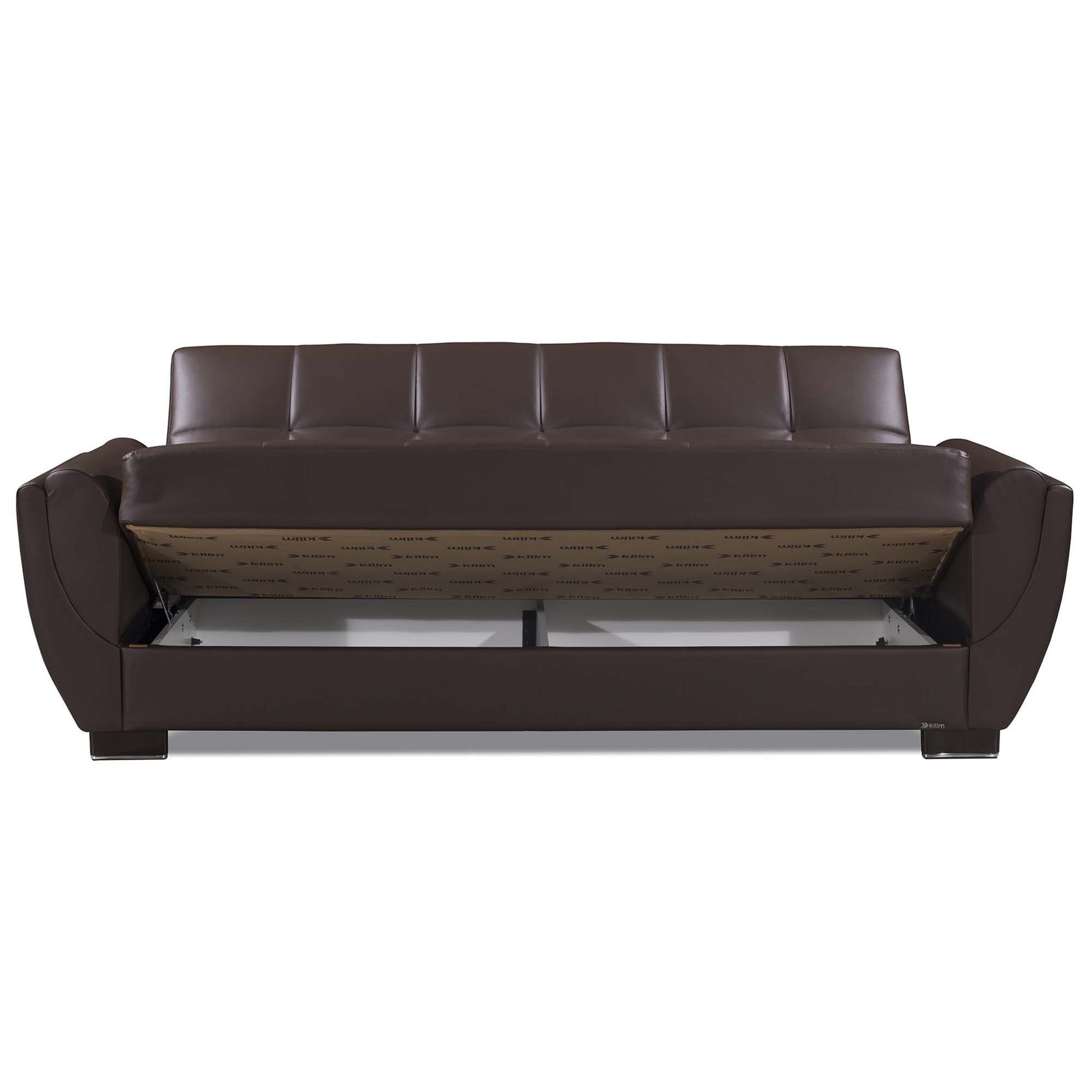 93" Brown Faux Leather Convertible Futon Sleeper Sofa And Toss Pillows With Storage-5