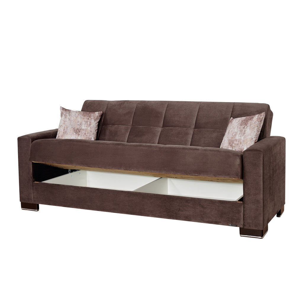 87" Brown Microfiber Convertible Futon Sleeper Sofa And Toss Pillows With Storage-2