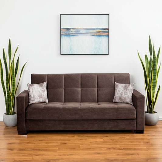 87" Brown Microfiber Convertible Futon Sleeper Sofa And Toss Pillows With Storage-0