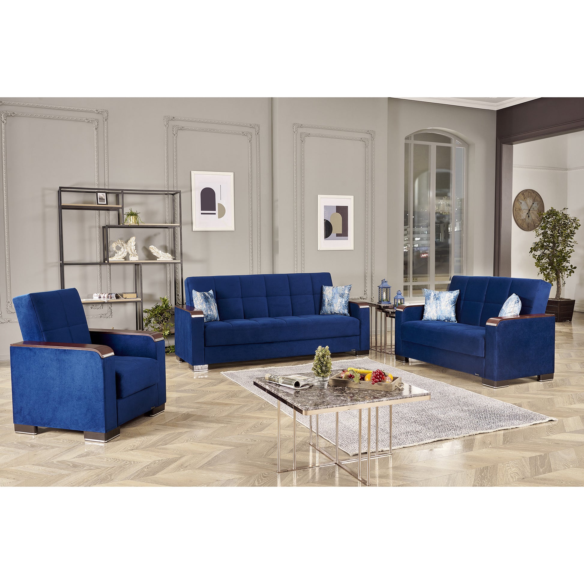 87" Blue Microfiber Convertible Futon Sleeper Sofa And Toss Pillows With Storage-4