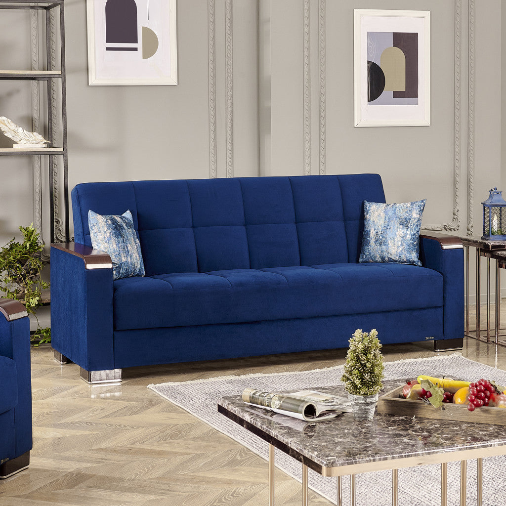 87" Blue Microfiber Convertible Futon Sleeper Sofa And Toss Pillows With Storage-5
