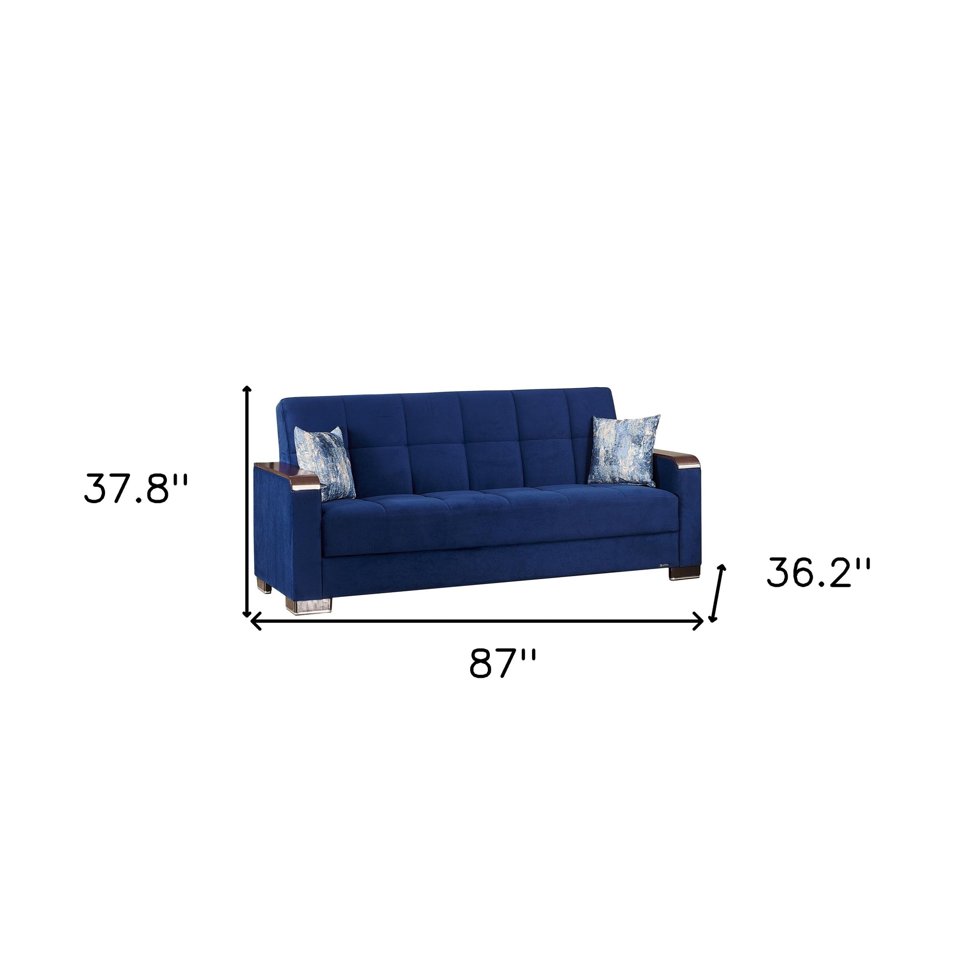 87" Blue Microfiber Convertible Futon Sleeper Sofa And Toss Pillows With Storage-6