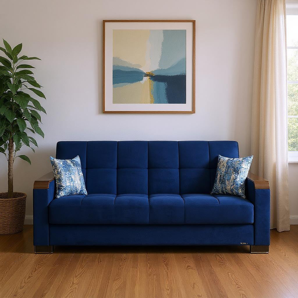 87" Blue Microfiber Convertible Futon Sleeper Sofa And Toss Pillows With Storage-0