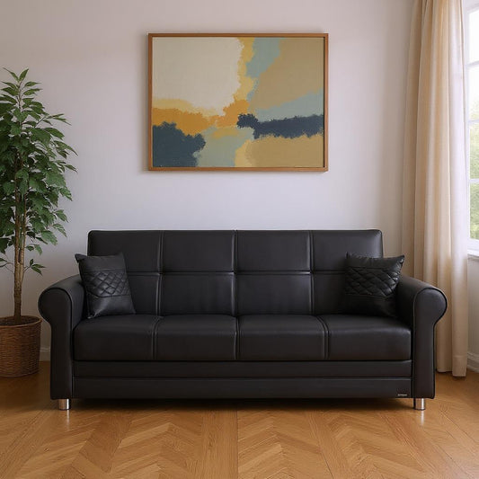 89" Black Faux Leather Convertible Futon Sleeper Sofa And Toss Pillows With Storage-0