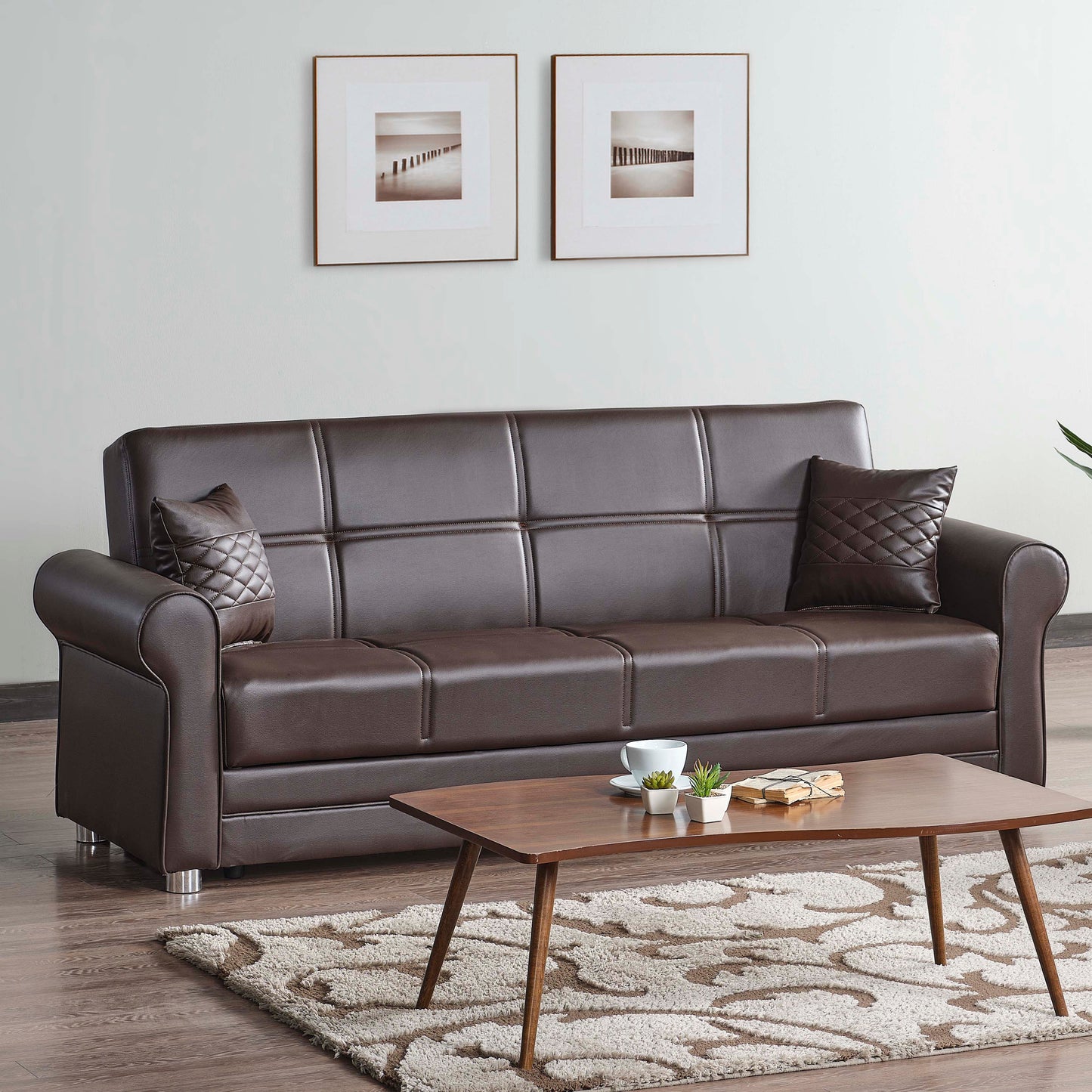 89" Brown Faux Leather Convertible Futon Sleeper Sofa And Toss Pillows With Storage-6