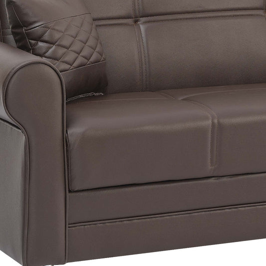 89" Brown Faux Leather Convertible Futon Sleeper Sofa And Toss Pillows With Storage-5