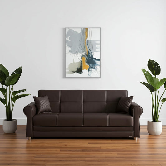 89" Brown Faux Leather Convertible Futon Sleeper Sofa And Toss Pillows With Storage-0