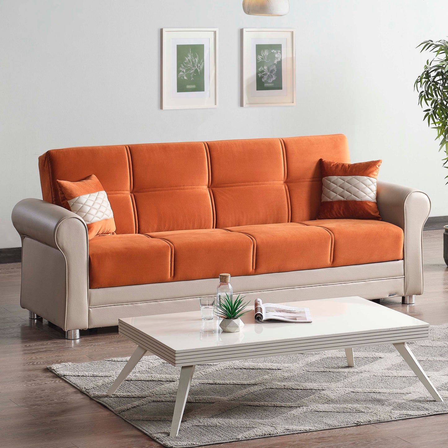 89" Orange Polyester Convertible Futon Sleeper Sofa And Toss Pillows With Storage-6