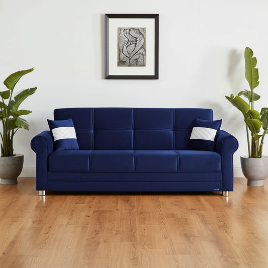 89" Blue Microfiber Convertible Futon Sleeper Sofa And Toss Pillows With Storage-0