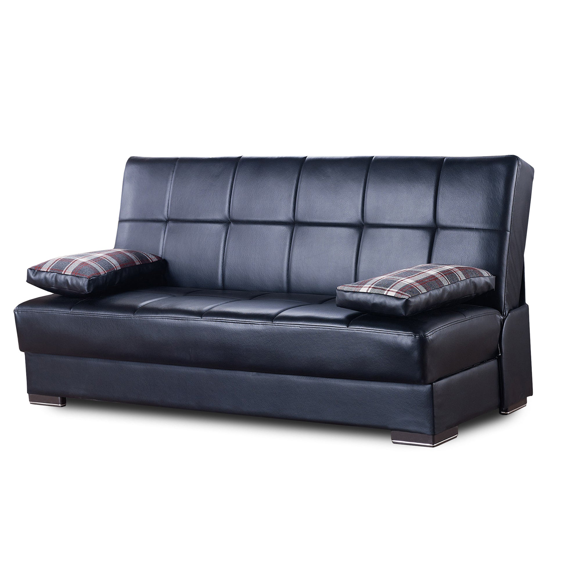 75" Black Faux Leather Convertible Futon Sleeper Sofa And Toss Pillows With Storage-1