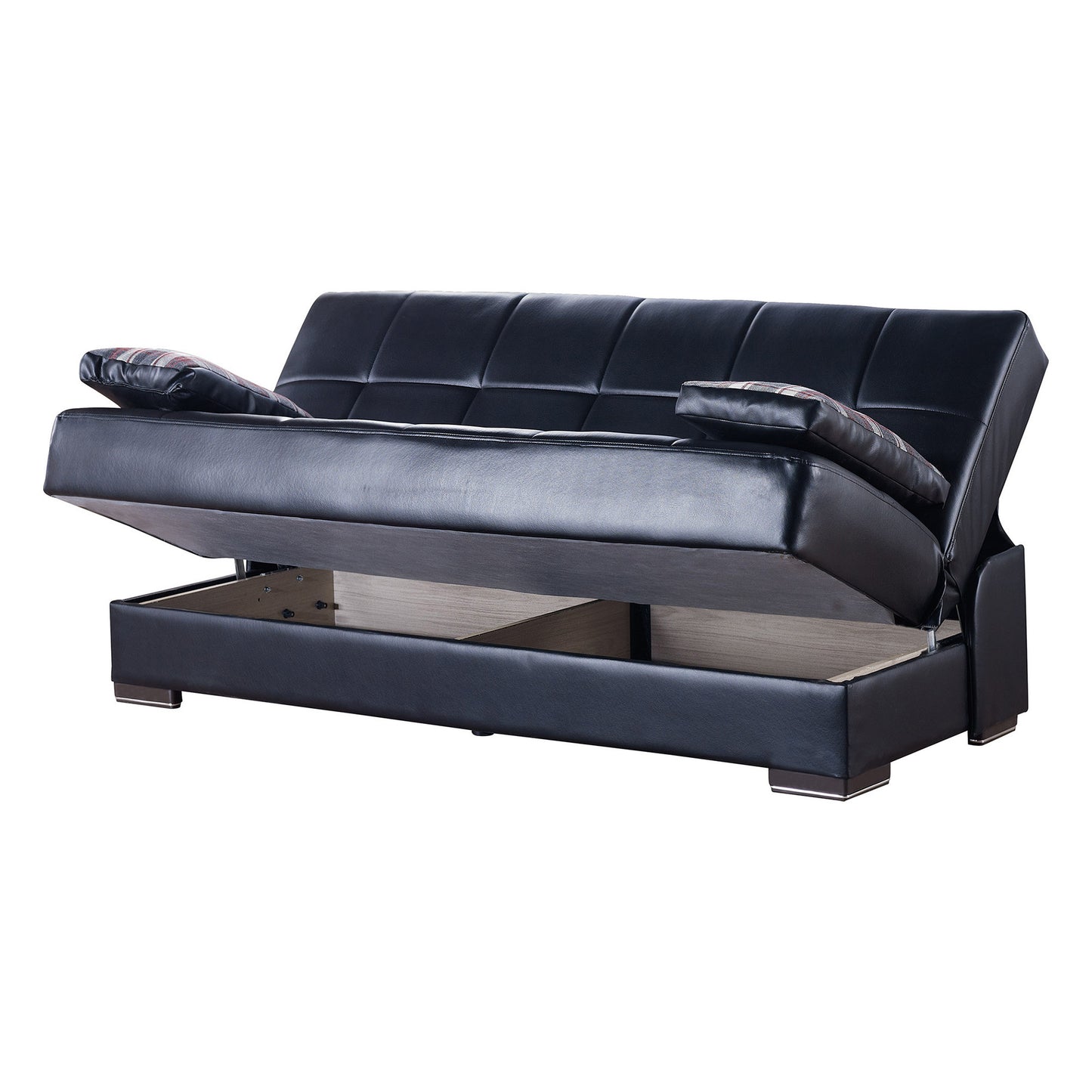 75" Black Faux Leather Convertible Futon Sleeper Sofa And Toss Pillows With Storage-2