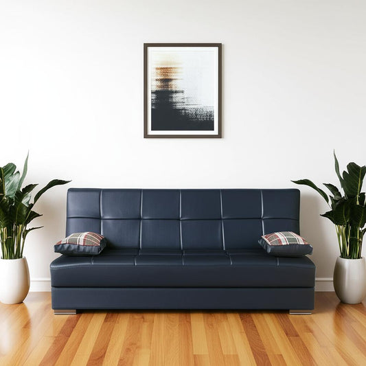 75" Black Faux Leather Convertible Futon Sleeper Sofa And Toss Pillows With Storage-0
