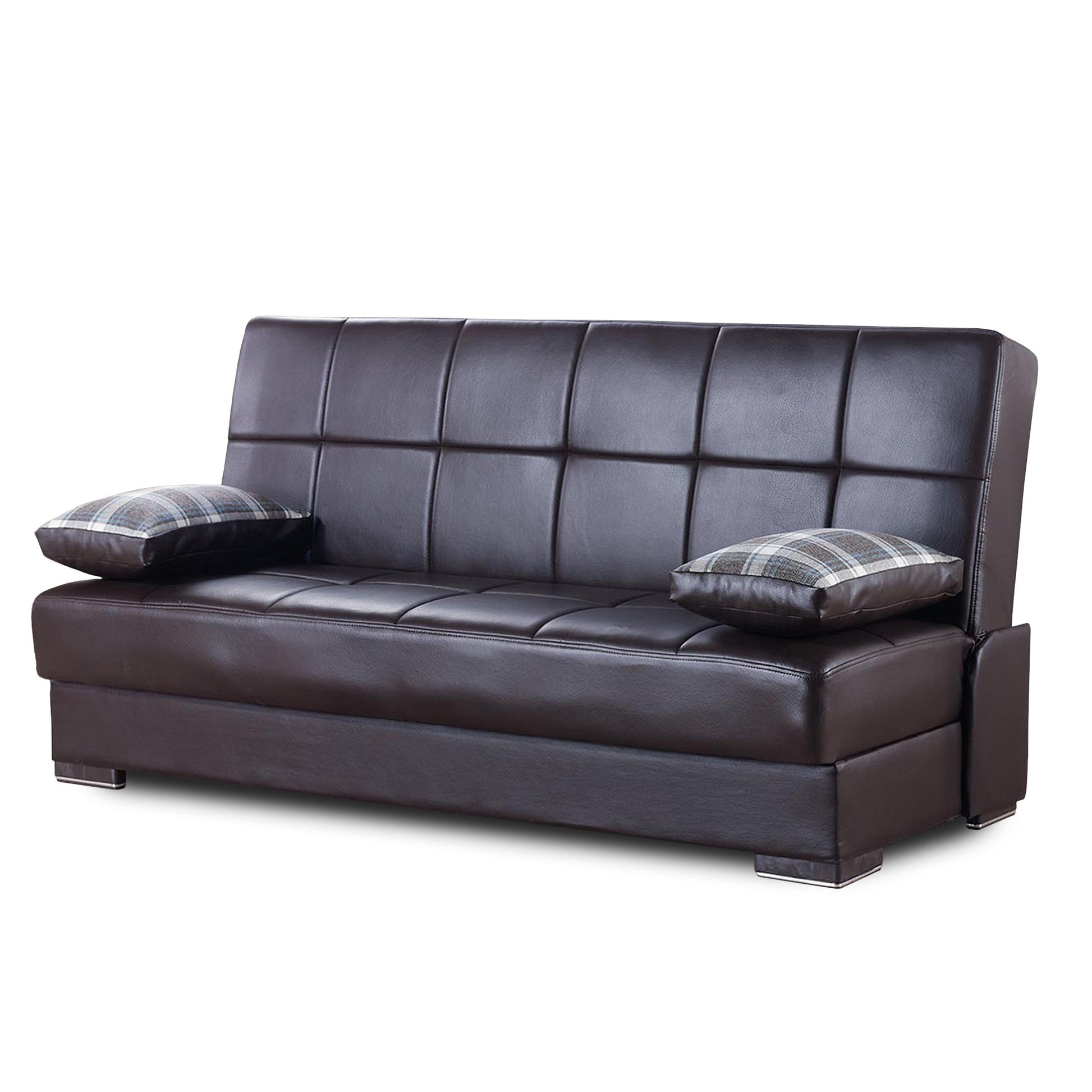 75" Brown Faux Leather Convertible Futon Sleeper Sofa And Toss Pillows With Storage-1