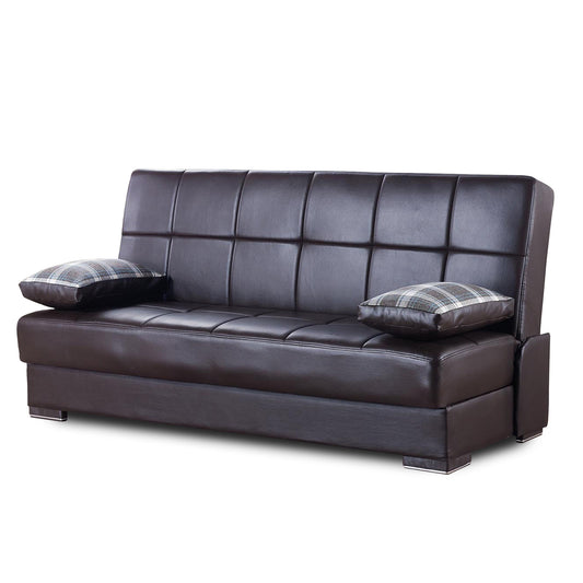75" Brown Faux Leather Convertible Futon Sleeper Sofa And Toss Pillows With Storage-1
