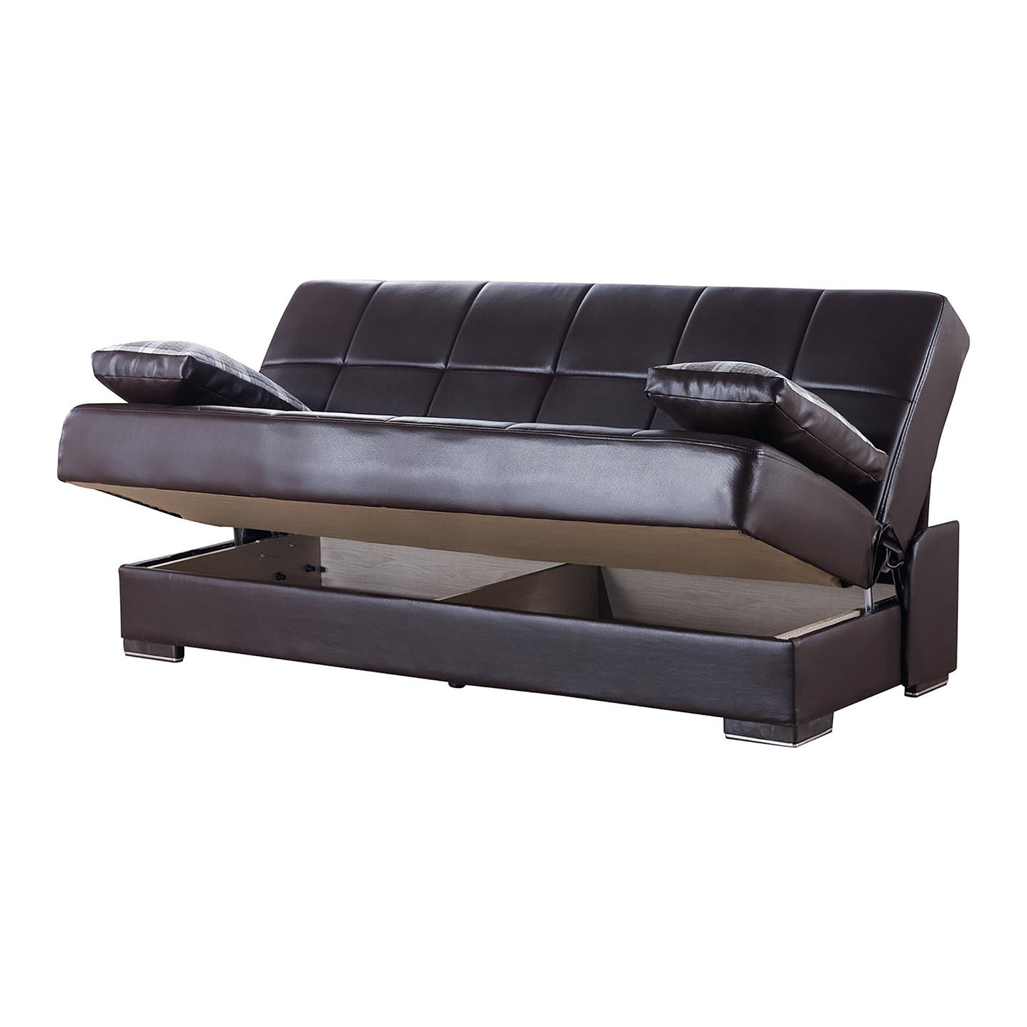 75" Brown Faux Leather Convertible Futon Sleeper Sofa And Toss Pillows With Storage-2