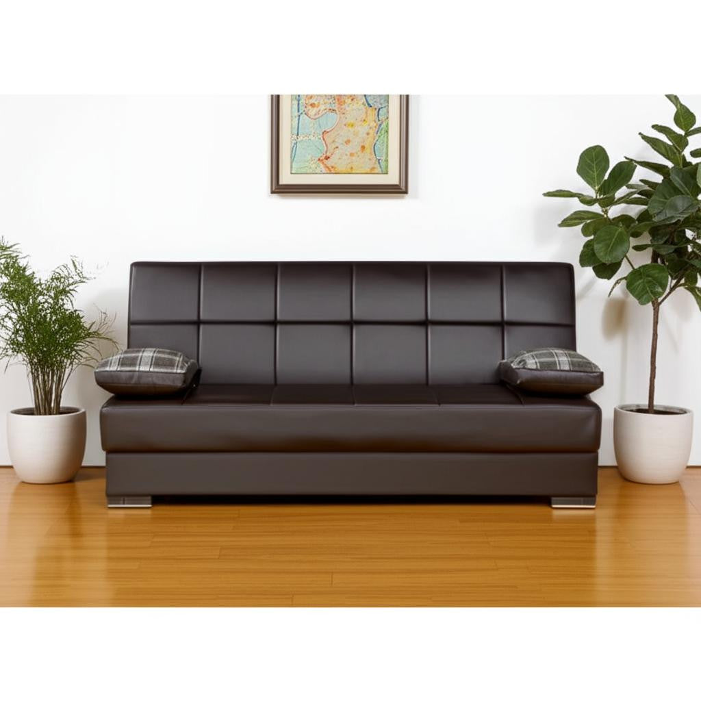 75" Brown Faux Leather Convertible Futon Sleeper Sofa And Toss Pillows With Storage-0