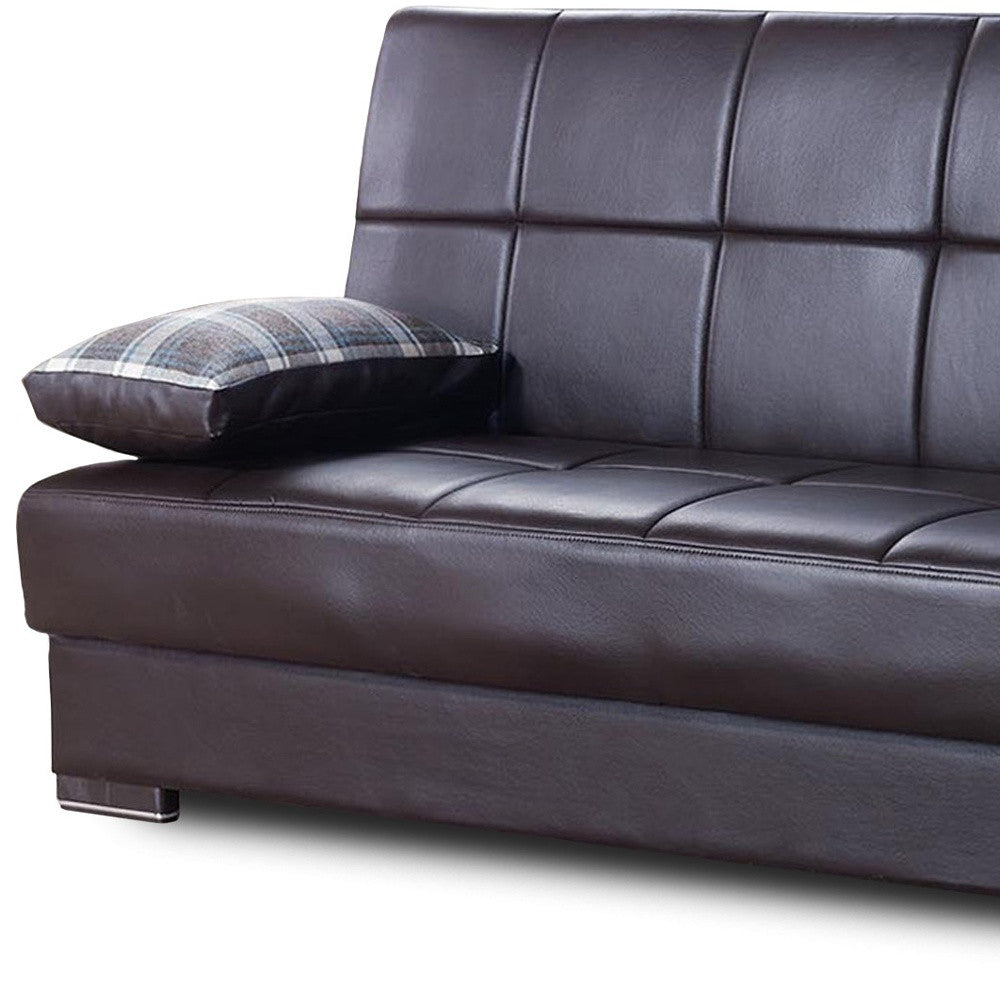 75" Brown Faux Leather Convertible Futon Sleeper Sofa And Toss Pillows With Storage-5
