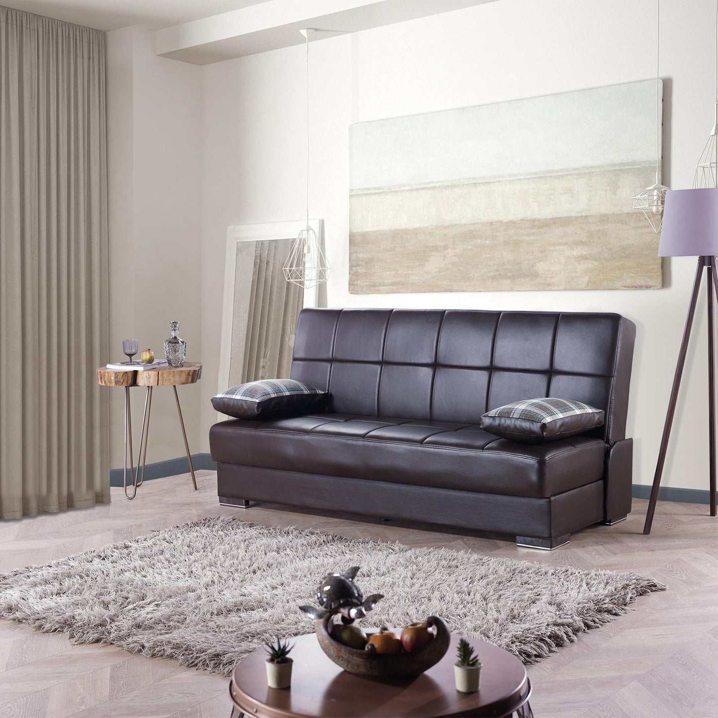 75" Brown Faux Leather Convertible Futon Sleeper Sofa And Toss Pillows With Storage-6