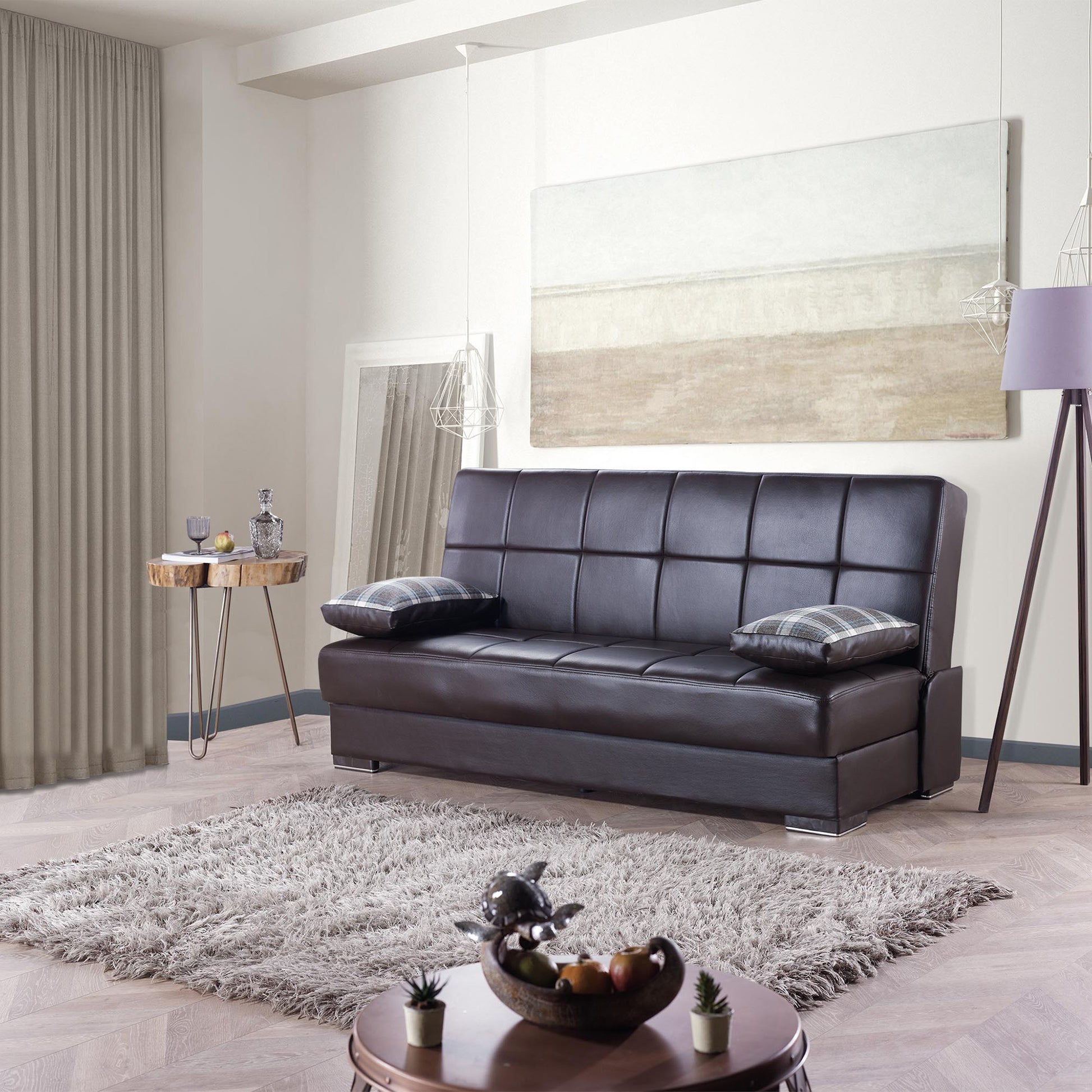 75" Brown Faux Leather Convertible Futon Sleeper Sofa And Toss Pillows With Storage-6