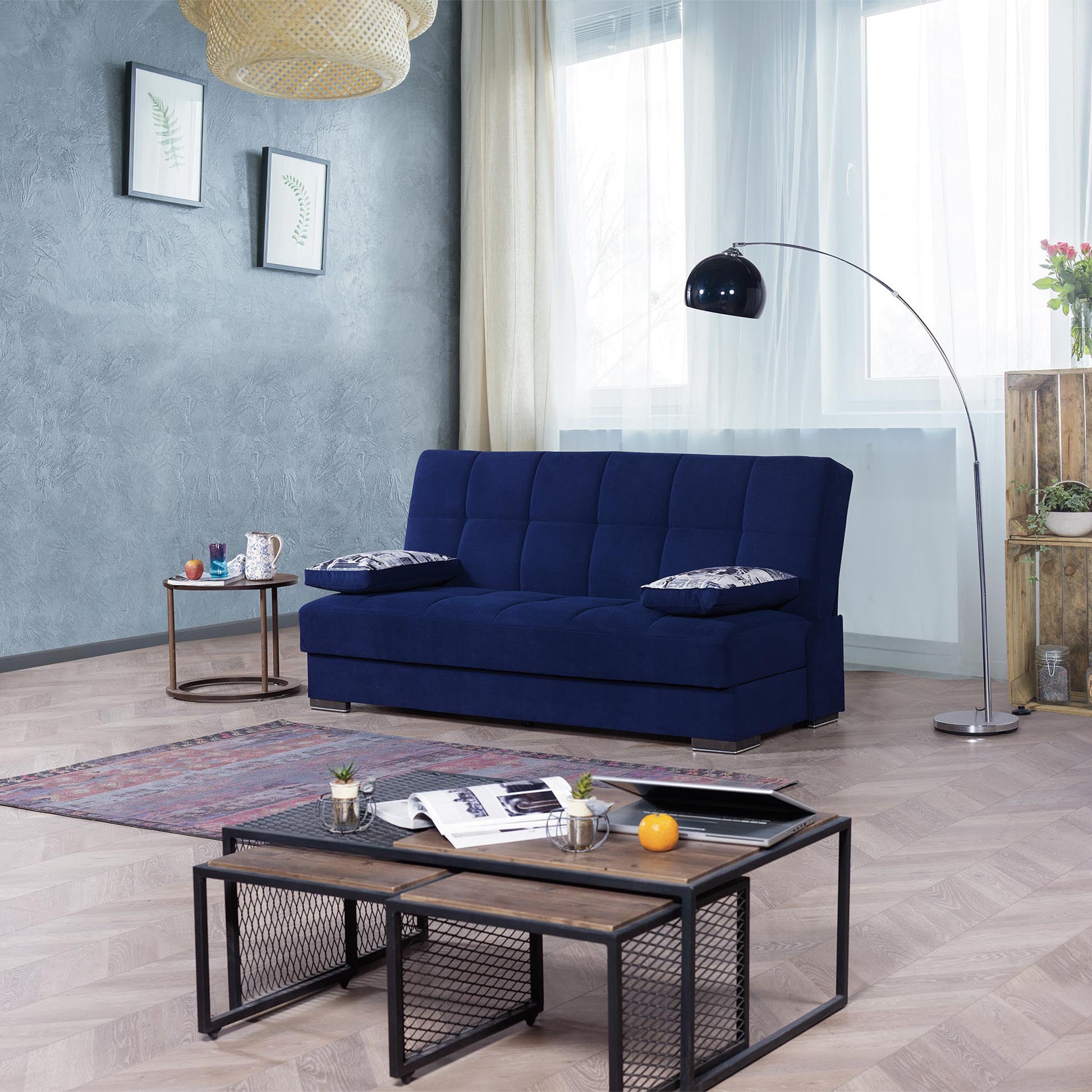 75" Blue Chenille Convertible Futon Sleeper Sofa And Toss Pillows With Storage-5