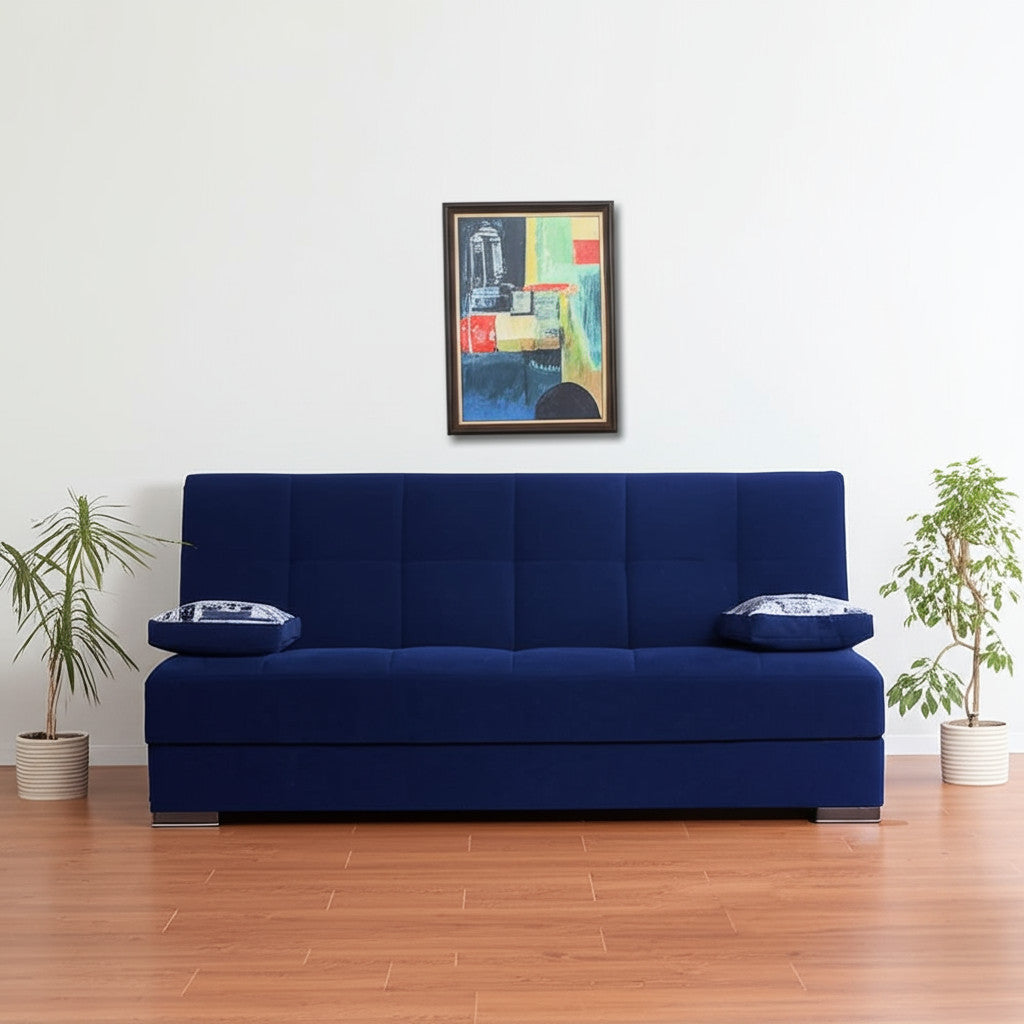 75" Blue Chenille Convertible Futon Sleeper Sofa And Toss Pillows With Storage-0