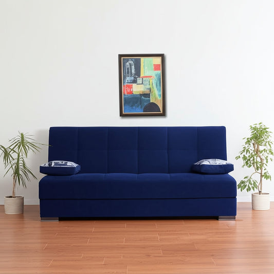 75" Blue Chenille Convertible Futon Sleeper Sofa And Toss Pillows With Storage-0