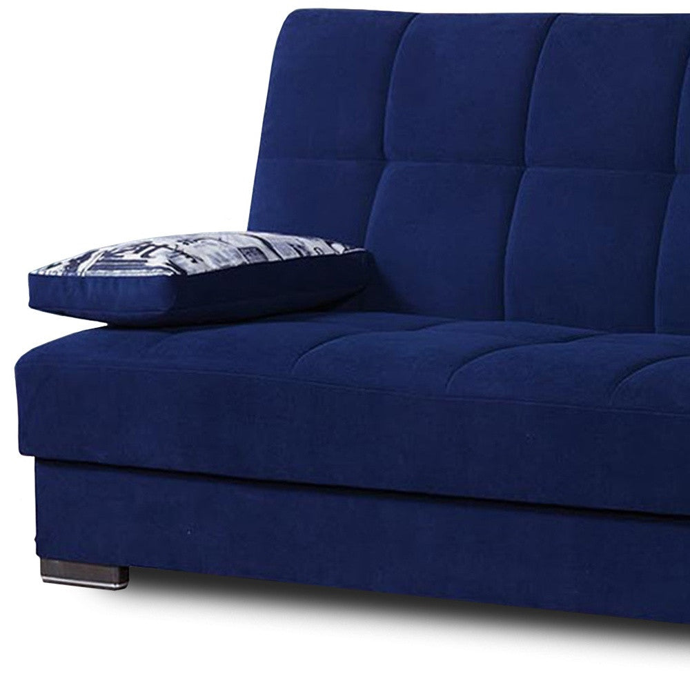 75" Blue Chenille Convertible Futon Sleeper Sofa And Toss Pillows With Storage-4