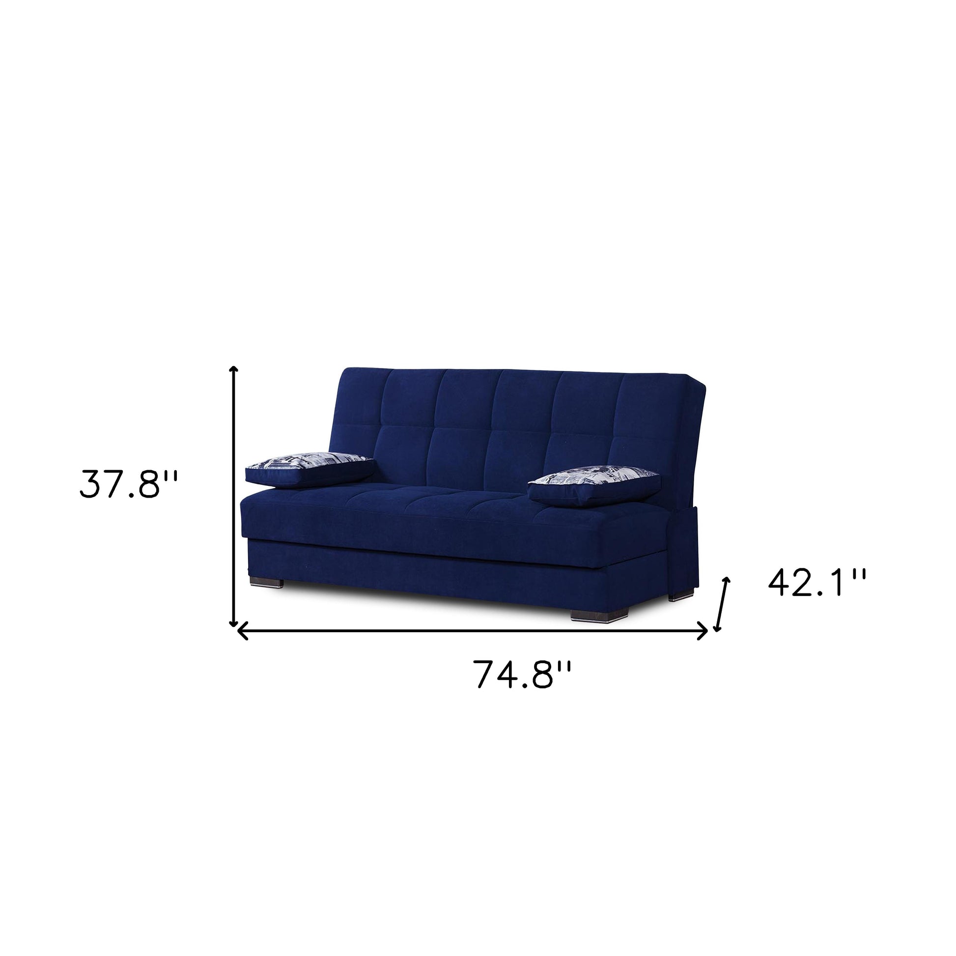 75" Blue Chenille Convertible Futon Sleeper Sofa And Toss Pillows With Storage-6